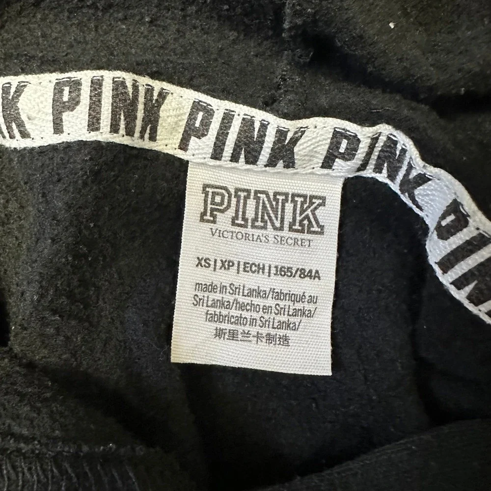 PINK Hoodie Womens XS Black Cropped Lace Up Sleeve Raw Hem Pullover Sweatshirt